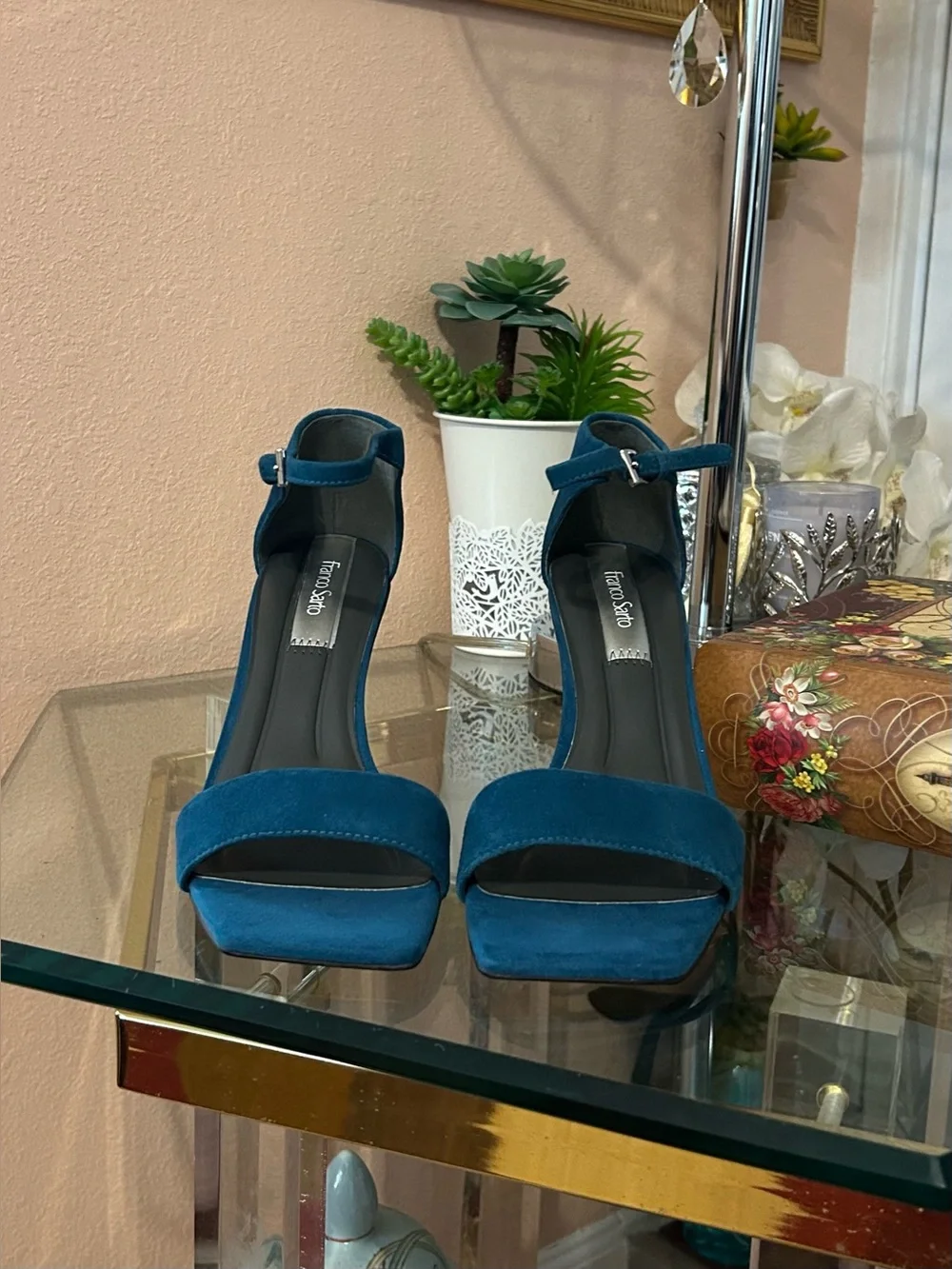 Never Worn * Franco Sarto Blue Suede Open-Toe Silver Heel Sandals Size 9.5